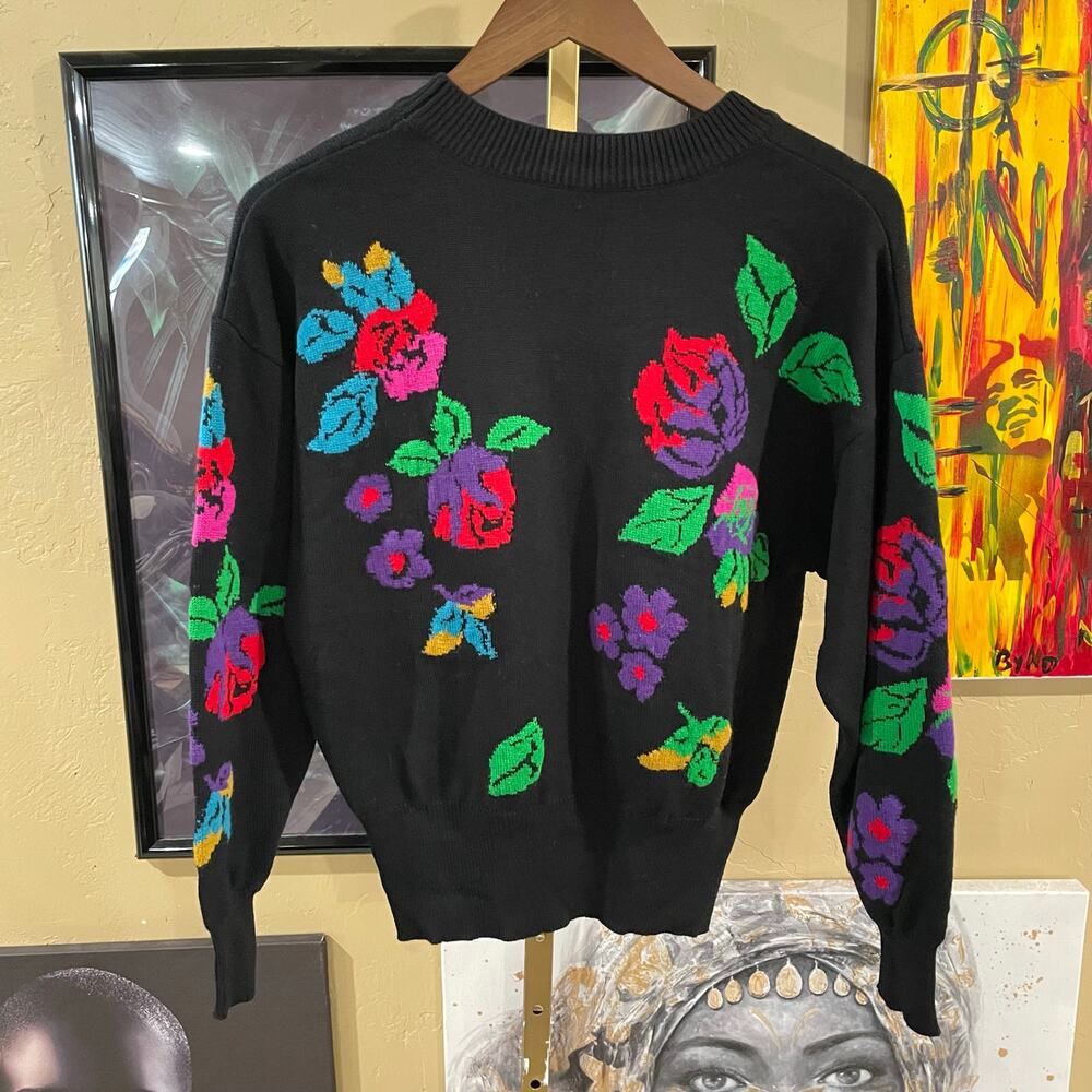 80s Floral Cottagecore Granny Double Sided Black Knit Sweater Size Medium